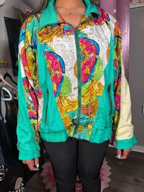 Vintage-Inspired Teal Multicolor Women's Zip Jacket